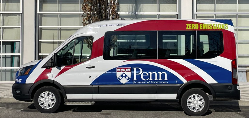 Close up of Penn Transit EV shuttle 